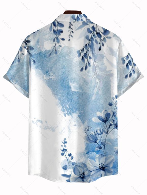 Vacation Couple Outfit Colorblock Floral Leaf Print Slit Dress and Shirt Set - LIGHT BLUE S | US 4