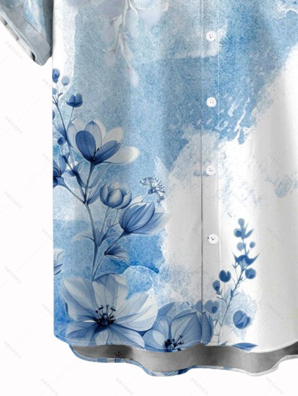 Vacation Couple Outfit Colorblock Floral Leaf Print Slit Dress and Shirt Set - LIGHT BLUE S | US 4