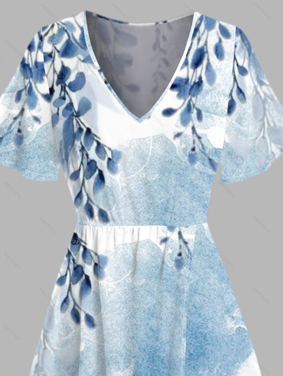 Vacation Dress Colorblock Floral Leaf Print V Neck Slit Dress - LIGHT BLUE XXL | US 14