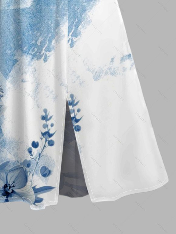 Vacation Dress Colorblock Floral Leaf Print V Neck Slit Dress - LIGHT BLUE XXL | US 14