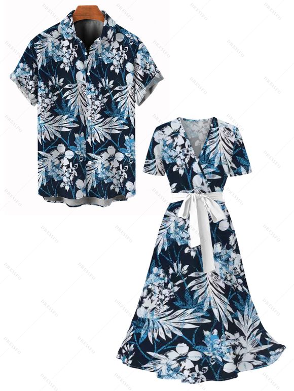 Vacation Couple Outfit Leaf Floral Print Belt Dress and Shirt Set - Bleu de Minuit S | US 4