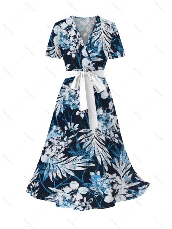 Vacation Couple Outfit Leaf Floral Print Belt Dress and Shirt Set - MIDNIGHT BLUE S | US 4
