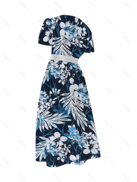 Vacation Couple Outfit Leaf Floral Print Belt Dress and Shirt Set - MIDNIGHT BLUE S | US 4