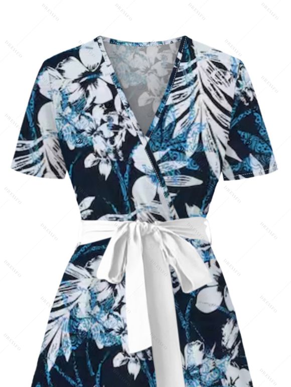 Vacation Couple Outfit Leaf Floral Print Belt Dress and Shirt Set - MIDNIGHT BLUE S | US 4