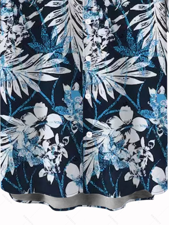 Vacation Couple Outfit Leaf Floral Print Belt Dress and Shirt Set - MIDNIGHT BLUE S | US 4