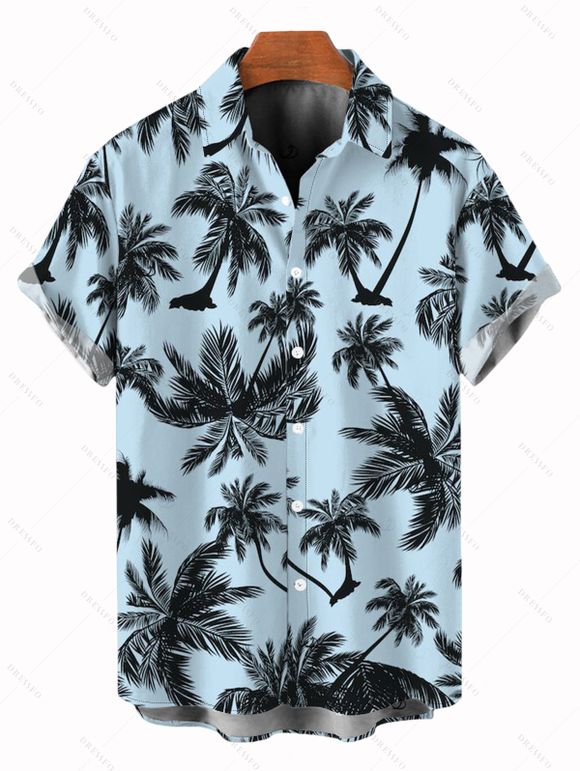 Chemise de vacances pour homme pour la plage, chemise boutonnée à imprimé cocotier et oiseaux - Bleu clair 5XL