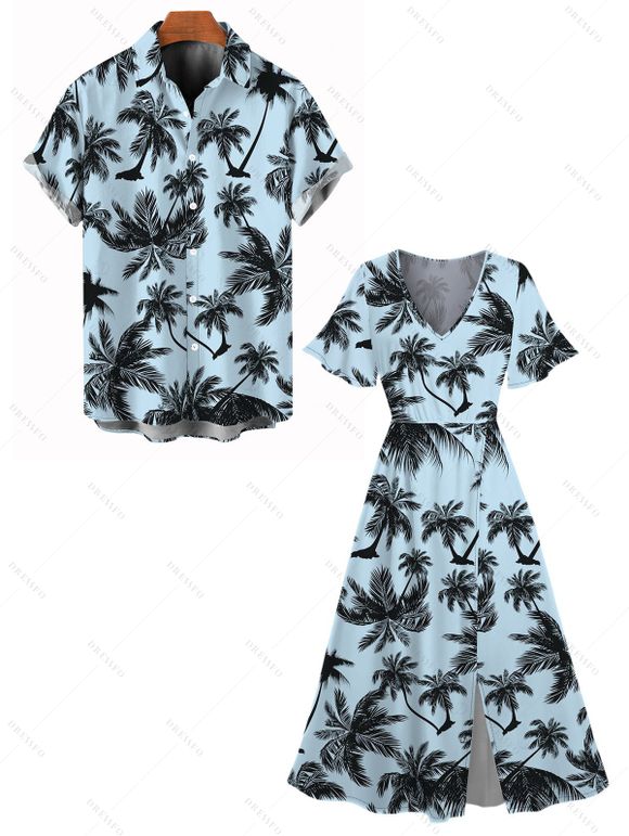 Vacation Couple Outfit Coconut Tree Bird Print Silt Dress and Shirt Set - Bleu clair S | US 4