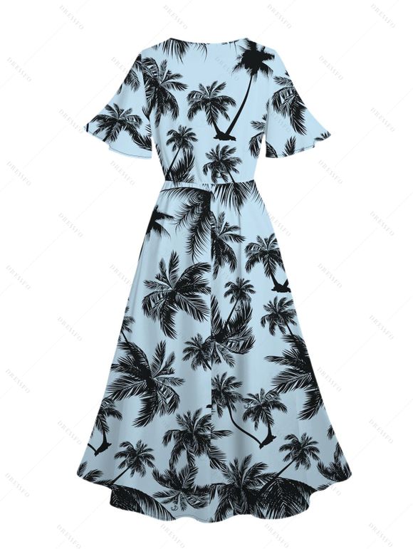 Vacation Couple Outfit Coconut Tree Bird Print Silt Dress and Shirt Set - LIGHT BLUE S | US 4