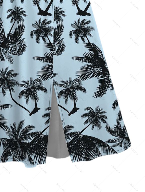 Vacation Couple Outfit Coconut Tree Bird Print Silt Dress and Shirt Set - LIGHT BLUE S | US 4