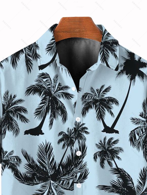 Vacation Couple Outfit Coconut Tree Bird Print Silt Dress and Shirt Set - LIGHT BLUE S | US 4