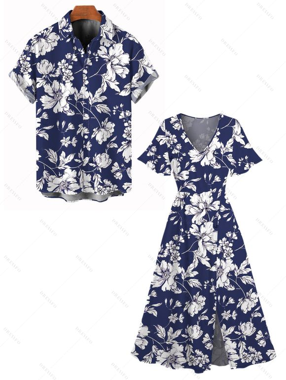 Vacation Couple Outfit Allover Floral Print Slit Dress and Shirt Set - Bleu Marine S | US 4
