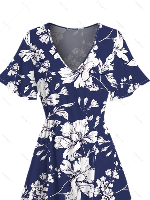 Vacation Couple Outfit Allover Floral Print Slit Dress and Shirt Set - NAVY BLUE S | US 4