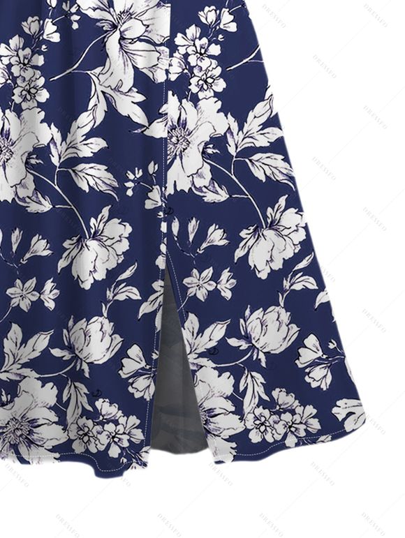 Vacation Couple Outfit Allover Floral Print Slit Dress and Shirt Set - NAVY BLUE S | US 4