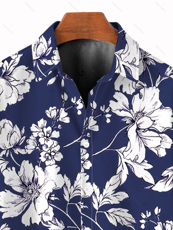 Vacation Couple Outfit Allover Floral Print Slit Dress and Shirt Set - NAVY BLUE S | US 4