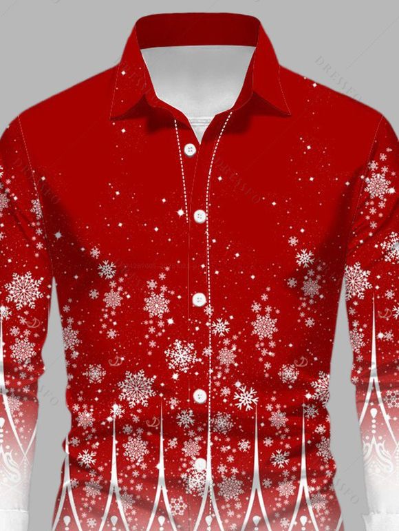Men's Christmas Shirt Ombre Snowflake Print Button Up Shirt - RED 2XL