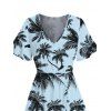 Robe de vacances pour la plage, imprimé cocotiers et oiseaux, col en V, robe limoneuse - Bleu clair XXL | US 14