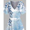 Robe de vacances à imprimé floral et feuilles colorblock, col en V, fente - Bleu clair XXL | US 14