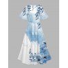 Robe de vacances à imprimé floral et feuilles colorblock, col en V, fente - Bleu clair XXL | US 14