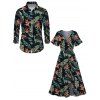 Vacation Couple Outfit for Beach Floral Leaf Print Slit Dress and Shirt Set - Noir S | US 4