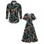 Vacation Couple Outfit for Beach Floral Leaf Print Slit Dress and Shirt Set - Noir S | US 4