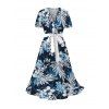 Vacation Couple Outfit Leaf Floral Print Belt Dress and Shirt Set - Bleu de Minuit S | US 4