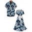 Vacation Couple Outfit Leaf Floral Print Belt Dress and Shirt Set - Bleu de Minuit S | US 4