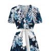 Vacation Couple Outfit Leaf Floral Print Belt Dress and Shirt Set - Bleu de Minuit S | US 4