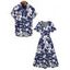 Vacation Couple Outfit Allover Floral Print Slit Dress and Shirt Set - Bleu Marine S | US 4