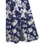 Vacation Couple Outfit Allover Floral Print Slit Dress and Shirt Set - Bleu Marine S | US 4