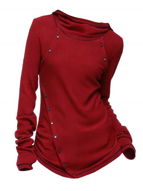 T-shirt à capuche de couleur unie avec faux boutons et t-shirt à capuche asymétrique