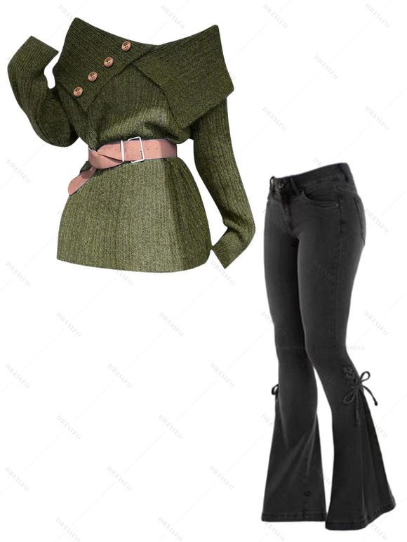 Women Outfit Solid Color Abstract Lapel Top and Lace Up Flare Jeans Set - Vert S | US 4
