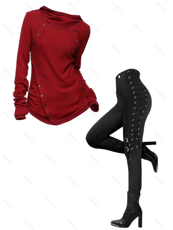 Women Outfit Solid Color Mock Button Hoodie T Shirt and Leggings Set - Rouge S | US 4