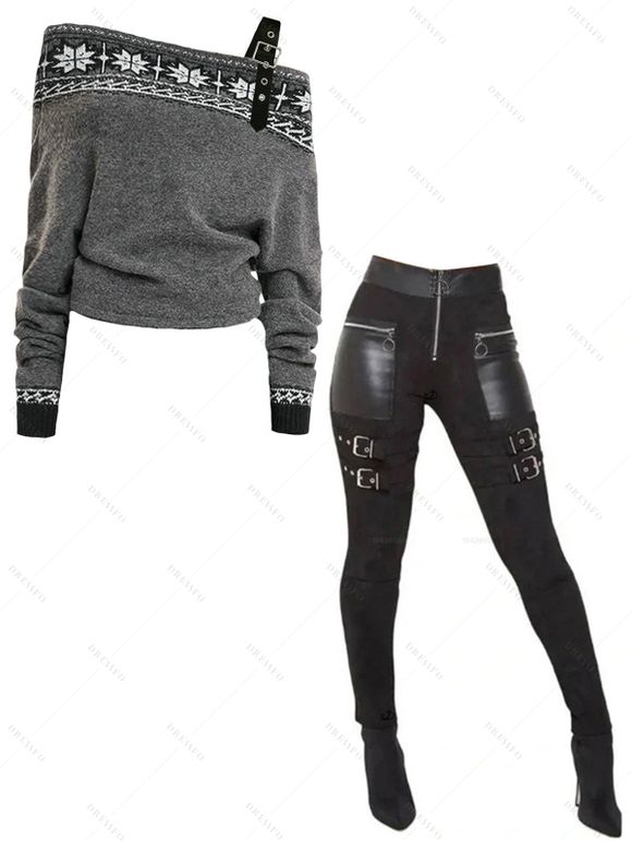 Women Outfit Fair Isle Pattern Off the Shoulder Buckle Sweater and Leggings Set - Gris S | US 4