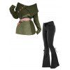Women Outfit Solid Color Abstract Lapel Top and Lace Up Flare Jeans Set - Vert S | US 4