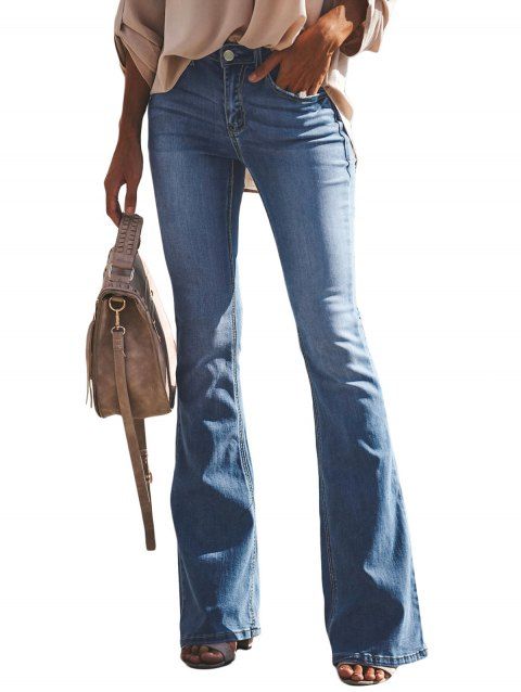 Jean évasé avec braguette zippée et poche, taille haute, pantalon long en denim