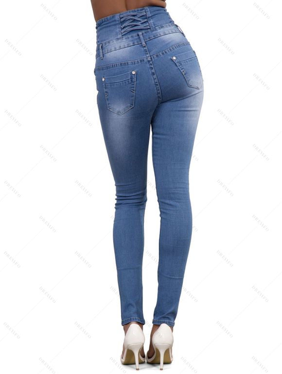 Jean skinny avec braguette boutonnée et poche, taille haute, pantalon long en denim - Bleu clair M | US 6