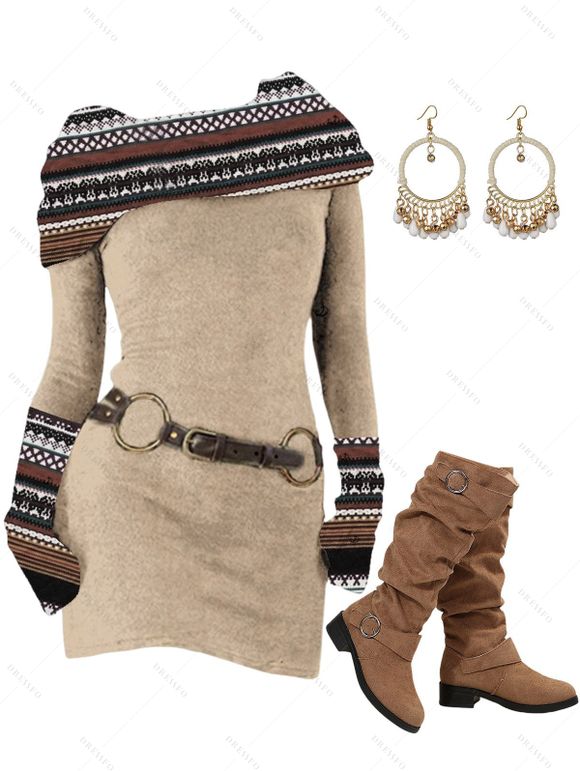 Winter Outfit Ethnic Print Skew Neck O Ring Knitted Dress and Earrings Boots Set - café lumière S | US 4