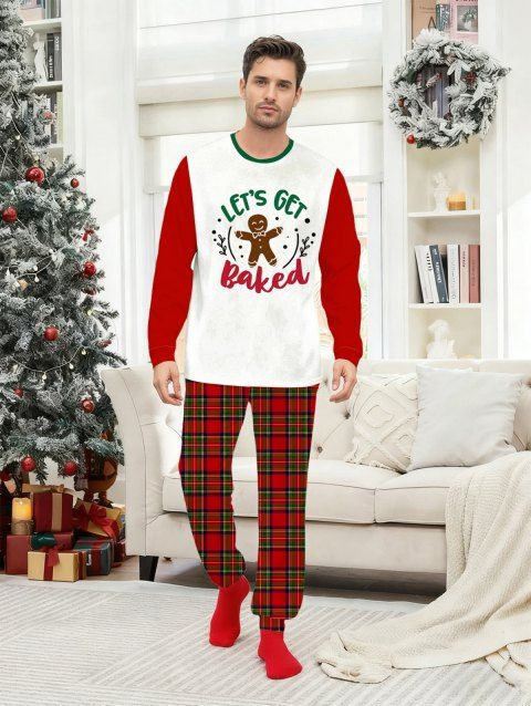 Ensemble de vêtements de nuit de Noël pour homme, haut à imprimé lettre et pantalon à carreaux, motif bonhomme en pain d'épices colorblock