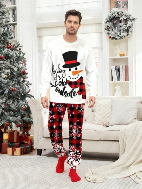 Ensemble de vêtements de nuit de Noël pour homme, haut à imprimé bonhomme de neige et pantalon à carreaux et flocons de neige