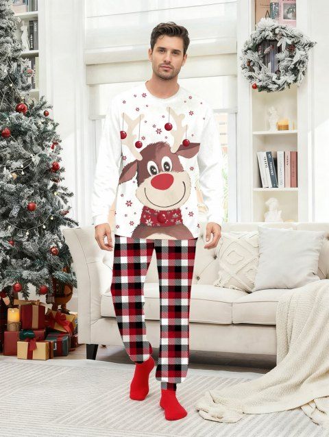 Ensemble de vêtements de nuit de Noël pour homme, haut à imprimé élan, flocon de neige, cloche et pantalon à carreaux