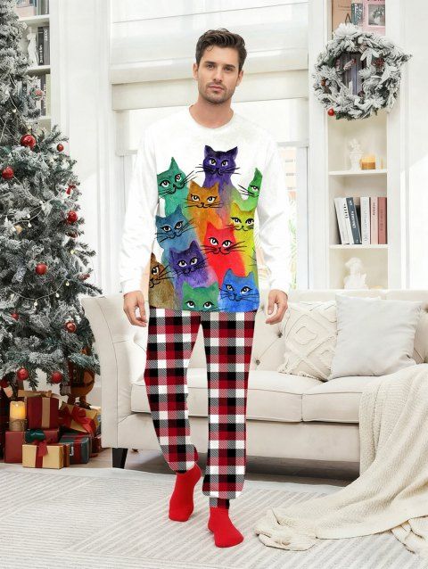Ensemble haut et pantalon à carreaux imprimé chat coloré pour homme, vêtements de nuit de Noël