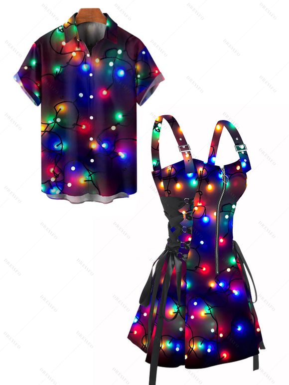 Allover Light String Print Lace Up Half Zipper Mini Dress And Short Sleeve Shirt Matching Outfit - Noir S | US 4