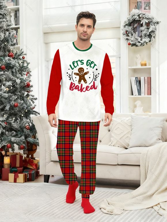 Ensemble de vêtements de nuit de Noël pour homme, haut à imprimé lettre et pantalon à carreaux, motif bonhomme en pain d'épices colorblock - Rouge XXL | US 14