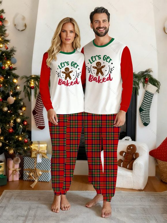 Couple Christmas Sleepwear Outfit Gingerbread Man Letter Print Top and Plaid Pants Set - Rouge S | US 4