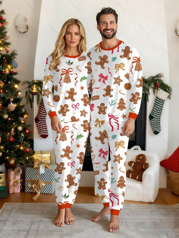 Couple Christmas Sleepwear Outfit Gingerbread Man Bowknot Print Top and Pants Set - Rouge S | US 4