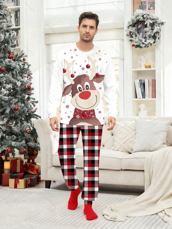 Ensemble de vêtements de nuit de Noël pour homme, haut à imprimé élan, flocon de neige, cloche et pantalon à carreaux - Blanc 5XL