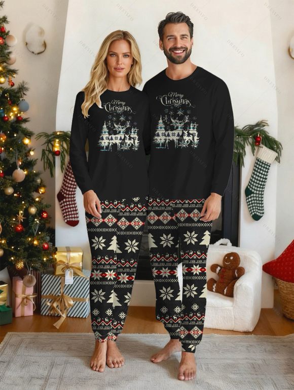 Couple Sleepwear Outfit Christmas Tree Snowflake Zig Zag Print Top and Pants Set - Noir S | US 4