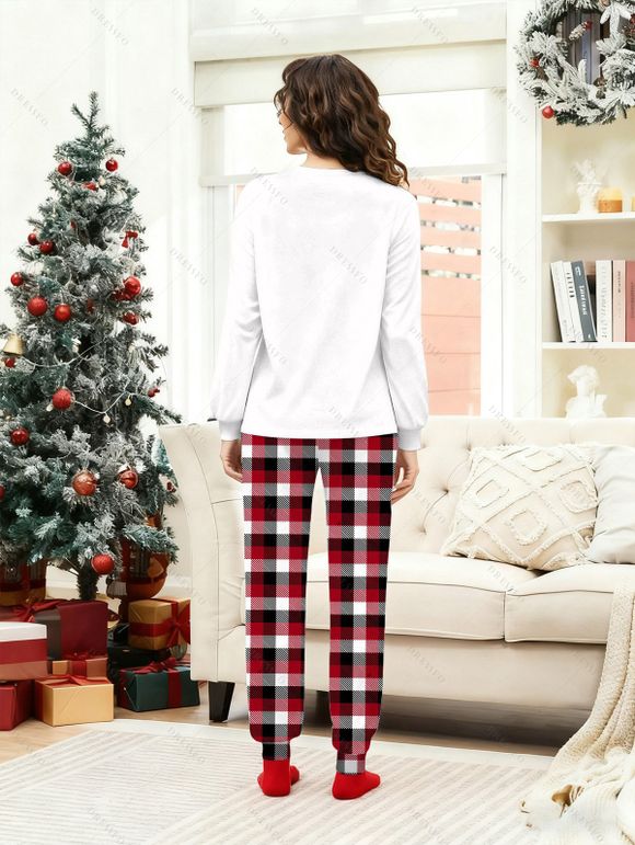 Ensemble de vêtements de nuit de Noël pour femmes, haut à imprimé chat coloré et pantalon à carreaux - Blanc L | US 8-10