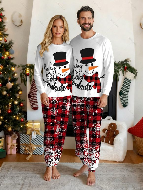 Couple Christmas Sleepwear Outfit Snowman Letter Print Top and Plaid Snowflake Pants Set - Blanc S | US 4