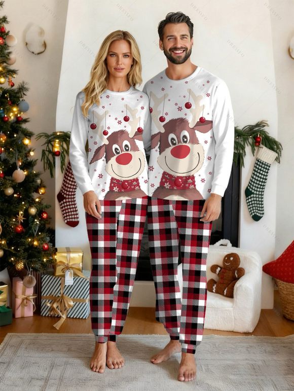 Couple Christmas Sleepwear Outfit Elk Snowflake Bell Print Top and Plaid Pants Set - Blanc S | US 4